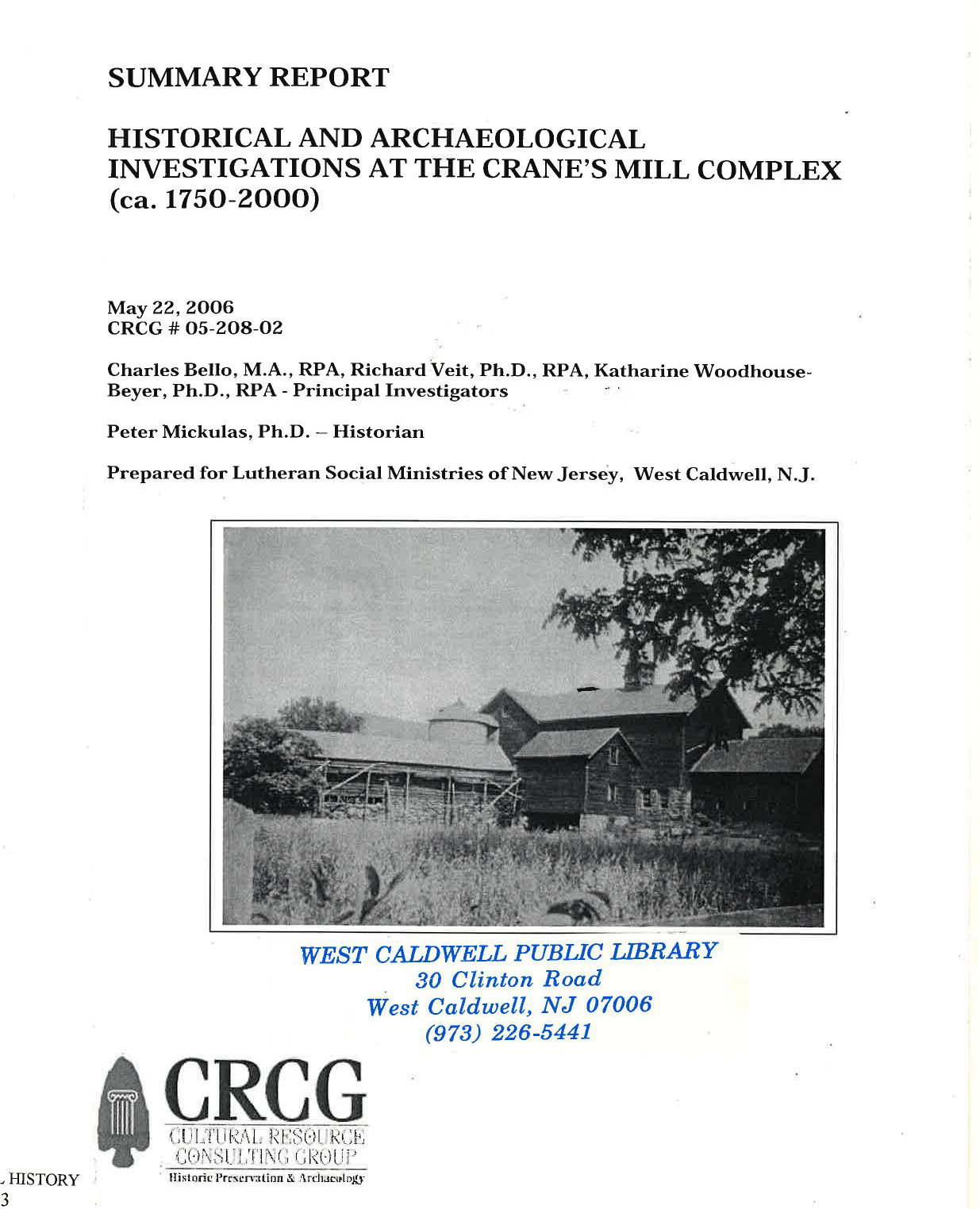 Historical report cover with Crane's Mill image.