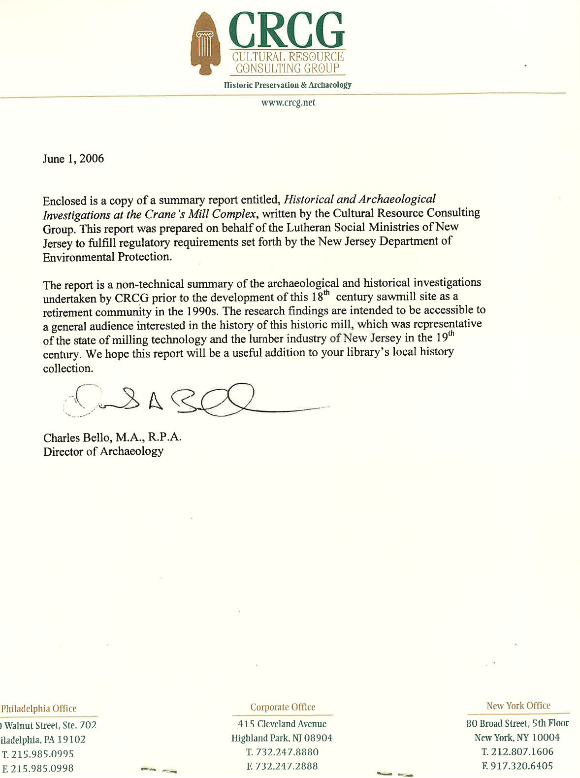 Letter from Cultural Resource Consulting Group.