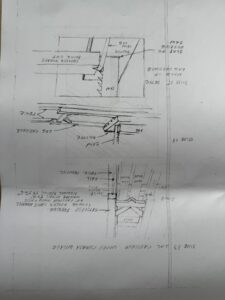 Architectural sketches with handwritten notes and measurements.