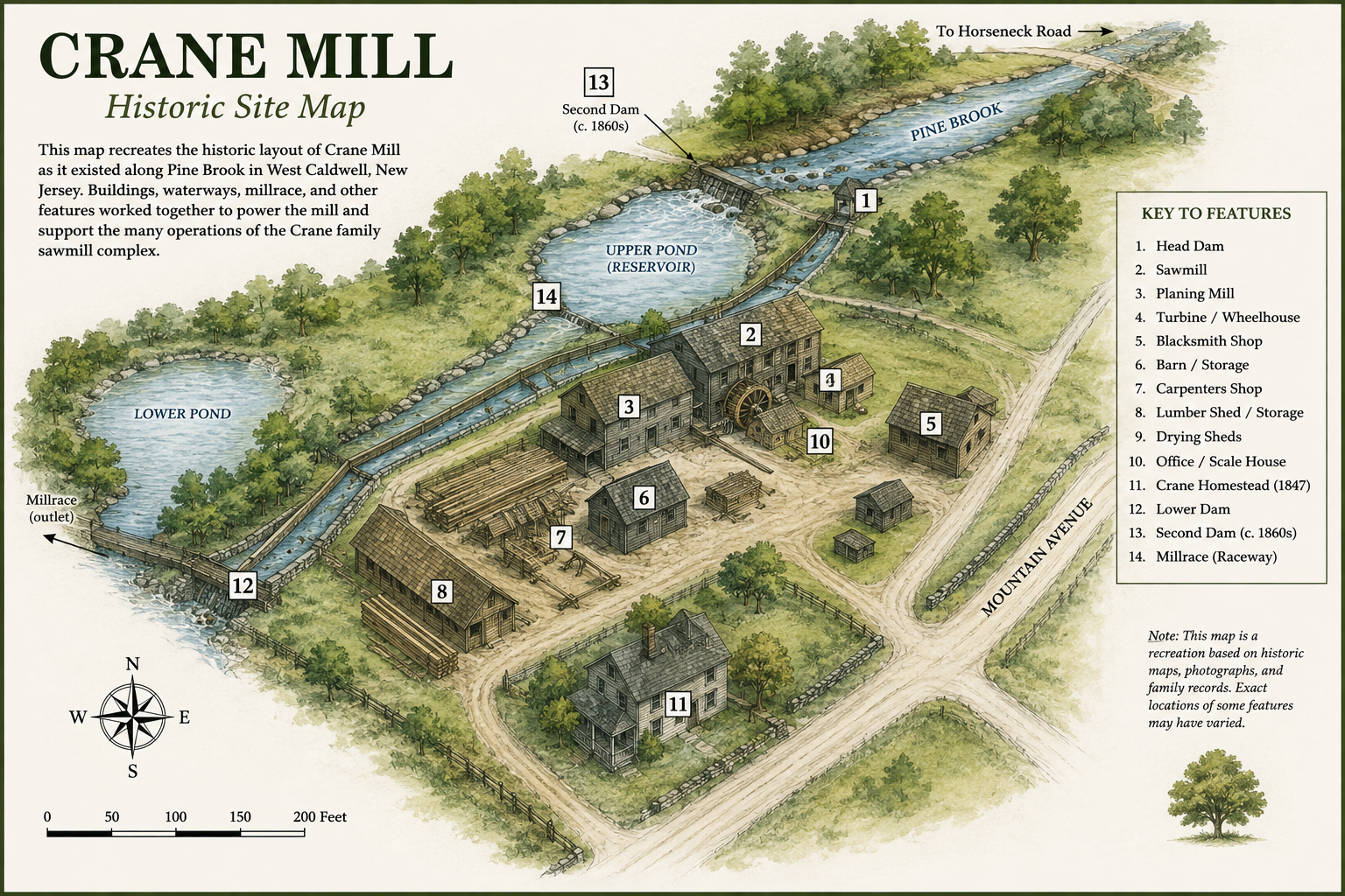 Illustrated map of Crane Mill historic site